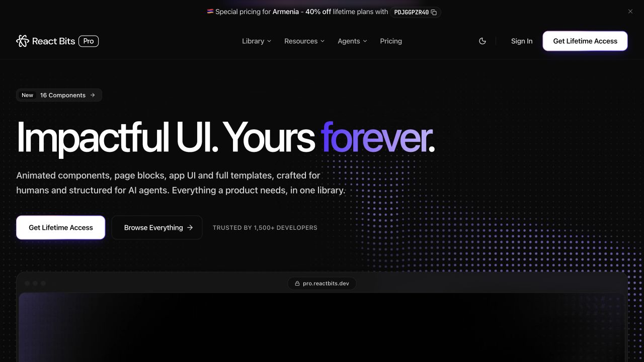 React Bits Pro front page